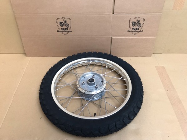 Komplettrad VORNE - 1,50x16 Zoll - Alufelge und Chromspeichen + Reifen K42 montiert